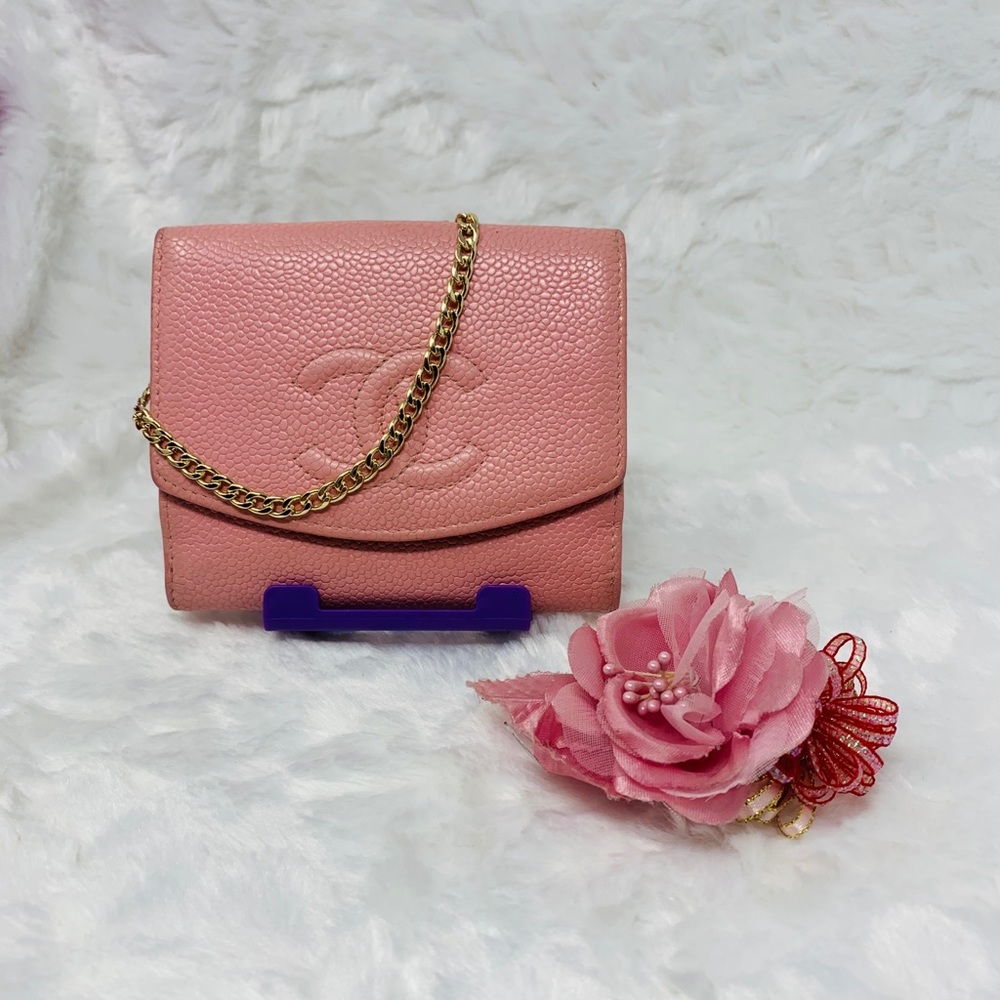 CHANEL Pink Caviar Leather Chain Wallet